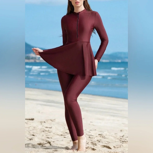 Women’s burkini Long Sleeve One-Piece Swimsuit – Burgundy, Solid Color, Size S - Picture 5 of 10